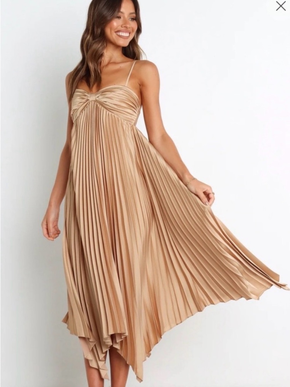 Petal & Pup Pleated Spaghetti-Strap Midi Dress in Tan